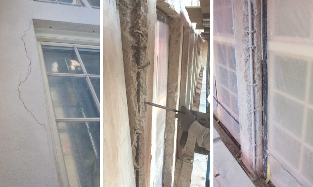 Spricka i betongfasad och bilning av skadad betong vid betongrenovering