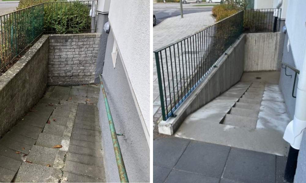 Före och efter omgjutning av källartrappa vid betongrenovering av entrétrappa