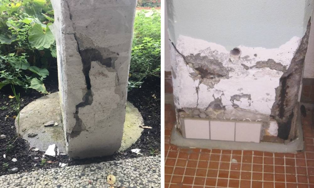 Betongskador på pelare och vägg orsakade av karbonatisering och korrosion av armering