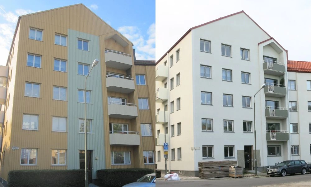 Före och efter tilläggsisolering med putsad fasad