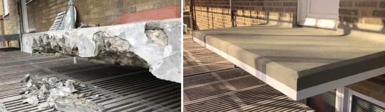 två bilder som visar hur en balkongplatta renoveras